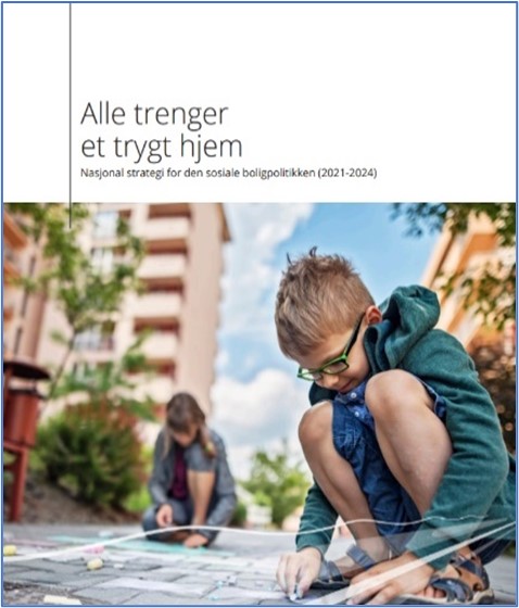Illustrasjonsbilete av framsida på Nasjonal strategi for den sosiale boligpolitikken (2021-2024), to born som leikar.