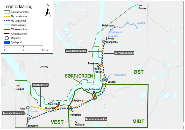 Kart som viser geografisk inndeling av område, inkludert påverka elvar, byar og tettstader og tunnelar.