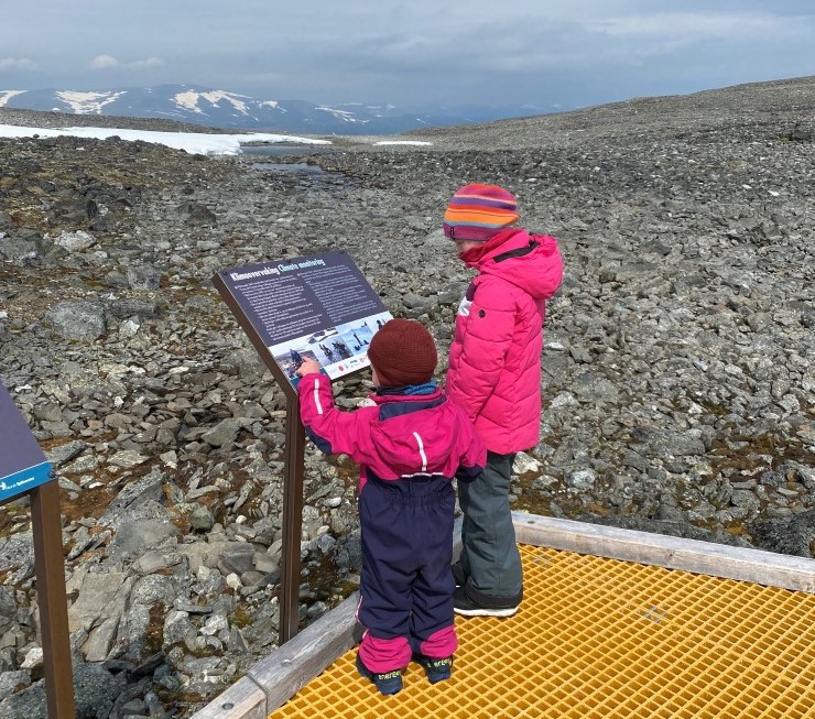 To barn ser på informasjonstavle i fjellet