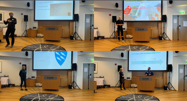 Fire bilete samanstilt, fire personer som presenterer, skjerm 