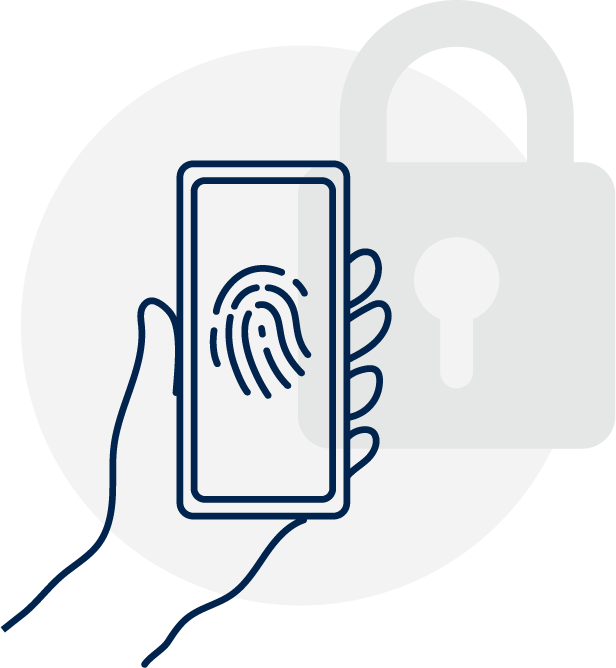 Illustrasjon av en hånd som holder en mobiltelefon med fingeravtrykk på skjermen, en hengelås i bakgrunnen.