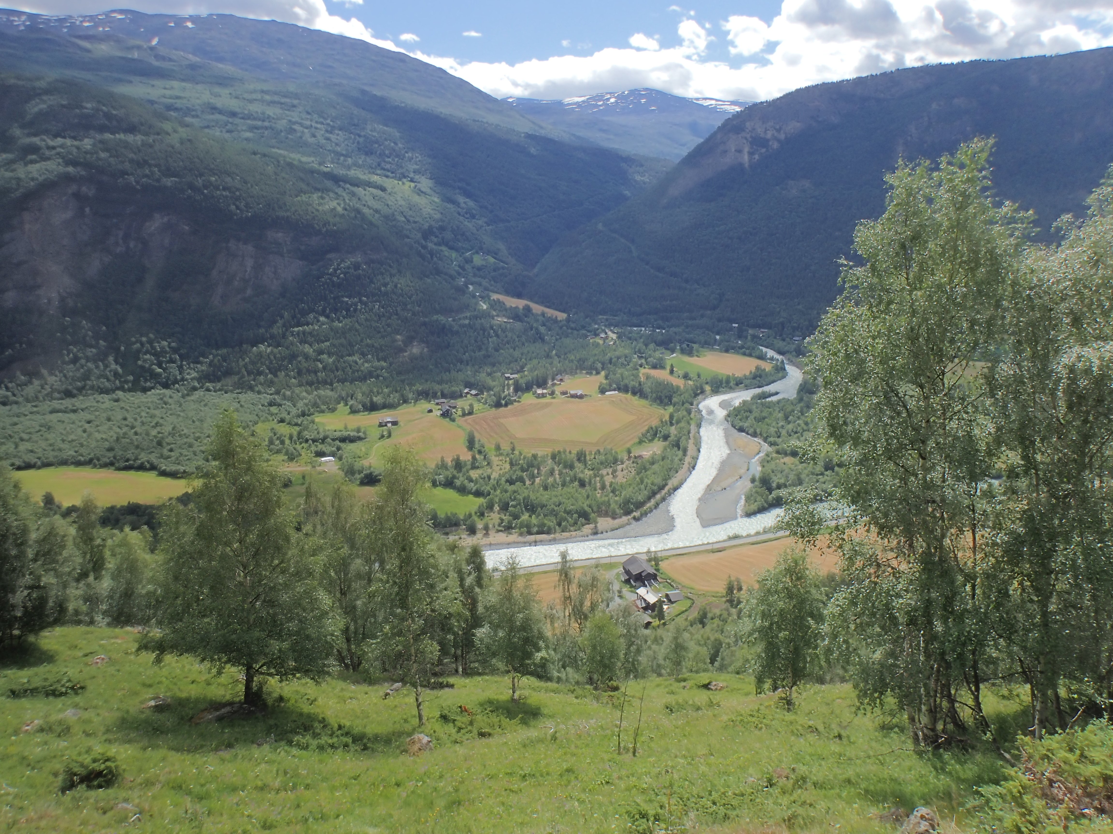 Utsikt fra beitemark over dal med jordbruksareal og bratte fjell rundt