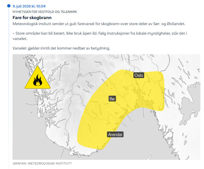 Kart over Sør-Norge der det er skogbrannfare